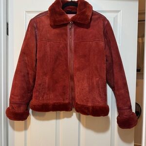 Red Suede Jacket with Fur Trim